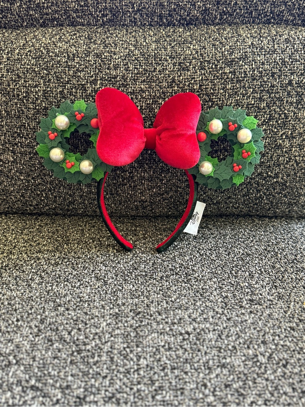 Disney Holiday Minnie Headband with Green Wreath Ears and Red Bow
